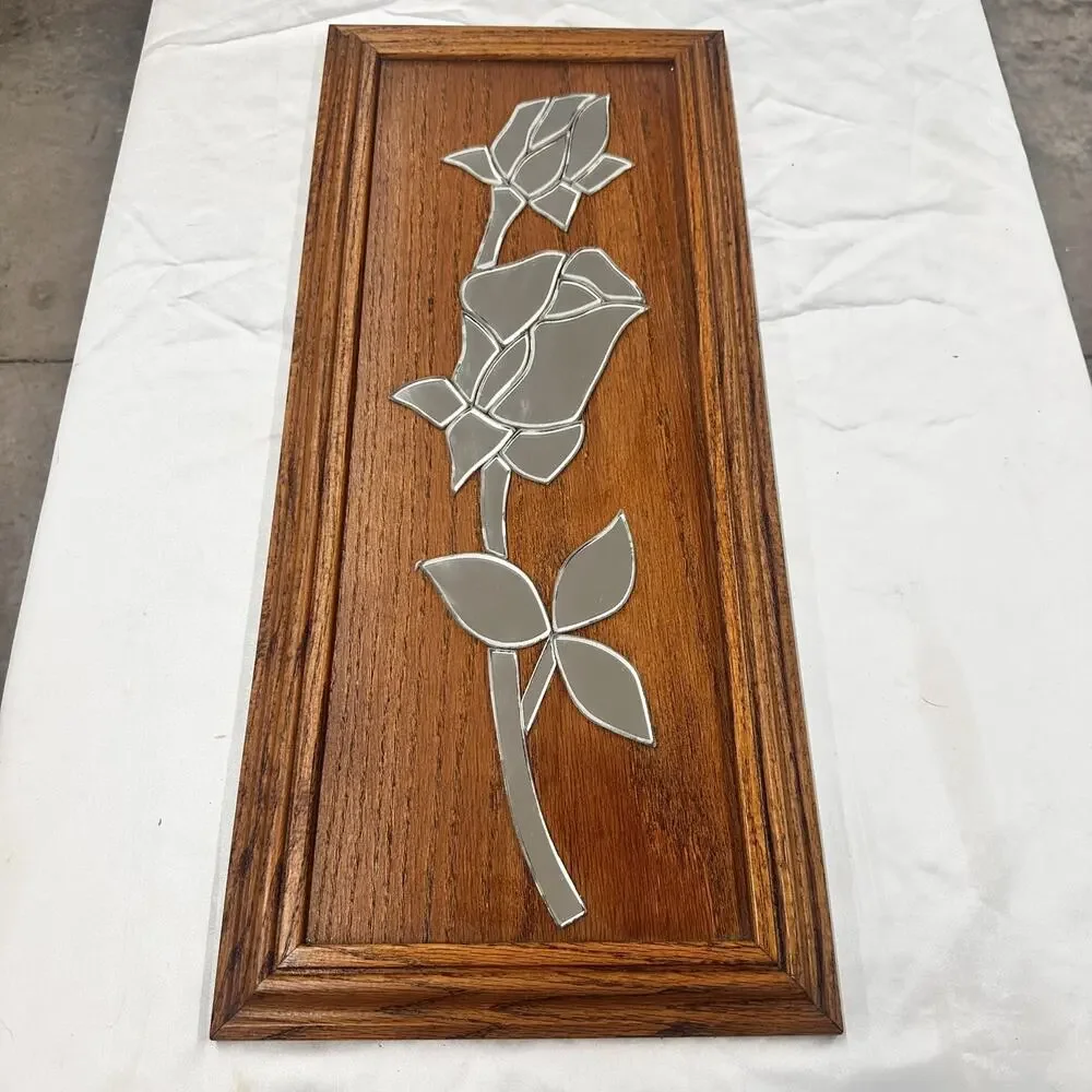 Vintage 70s Mirror Rose Wood Wall Art Panel Retro Glass Mosaic Plaque Boho 1980s
